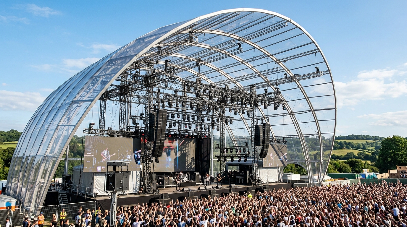 Büyük açık hava festivali konser sahnesi yağmur koruyucu dev kavisli şeffaf polikarbon çatı
