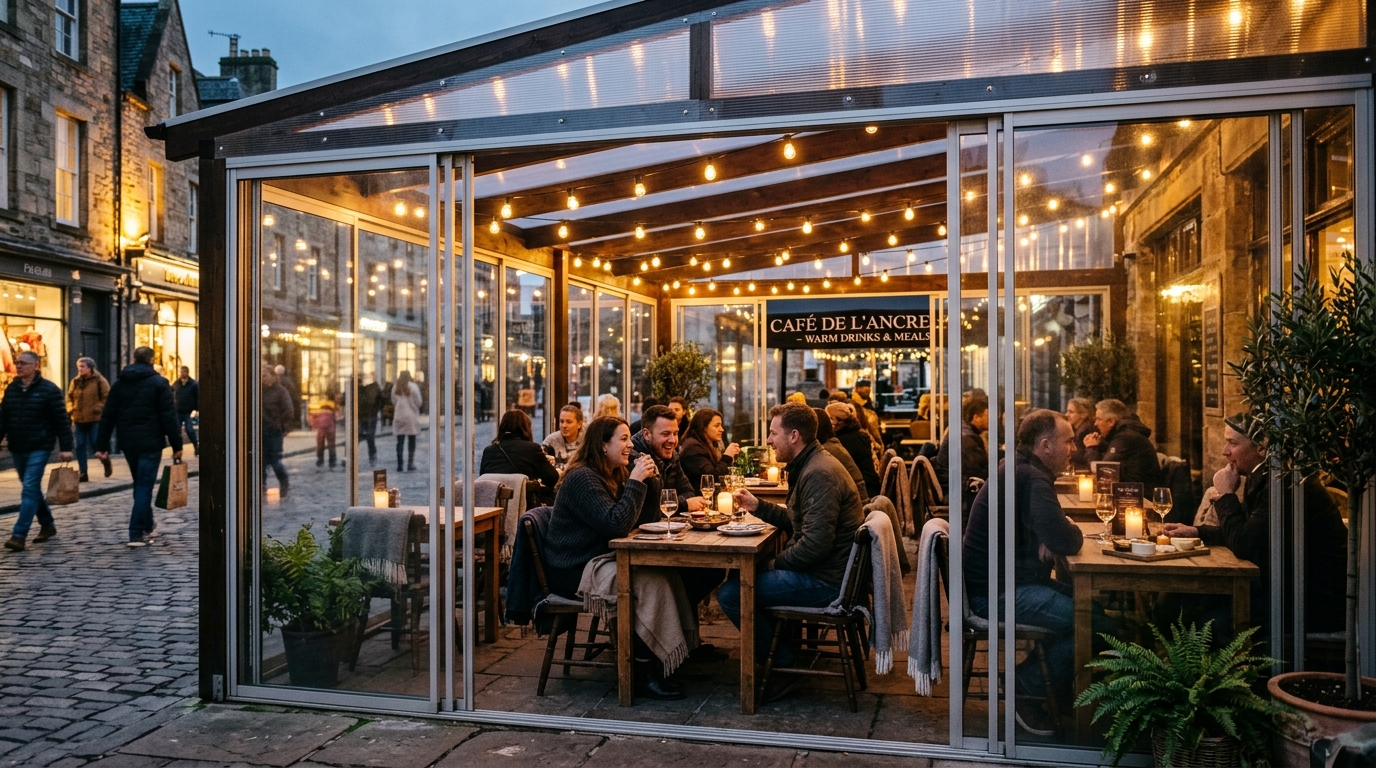 Açık hava kafe restoran şeffaf sürgülü polikarbon kış bahçesi